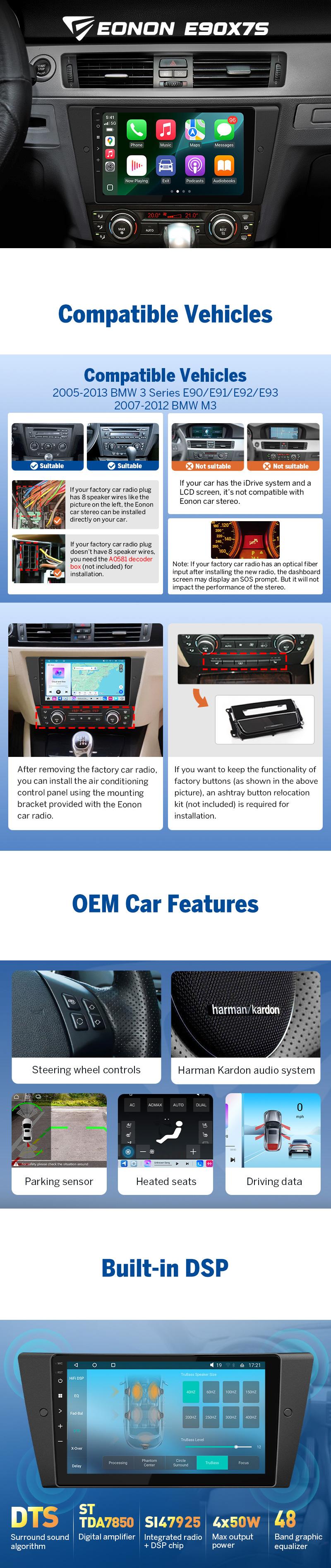 EONON Car Stereo for BMW 3 Series 325i, 328i, 330i, 335i (E90, E91, E92, E93) 2005-2013, BMW M3 2007-2012, Wireless CarPlay & Android Auto Car Radio, 9" Android 14 Touchscreen Head Unit, Bluetooth, GPS, Wi-Fi, Sub, SWC - E90X7A