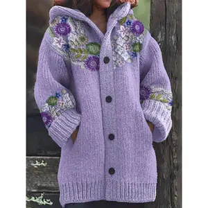 Women's Winter Hooded Sweater - Long Sleeve Button Front Sweacoat with Purple/Blue/Pink/Black/White All-Over Floral Print, Non-Bulky Layering Jacket for Fall & Winter, Cozy Casual & Formal Outfits (Machine Washable)