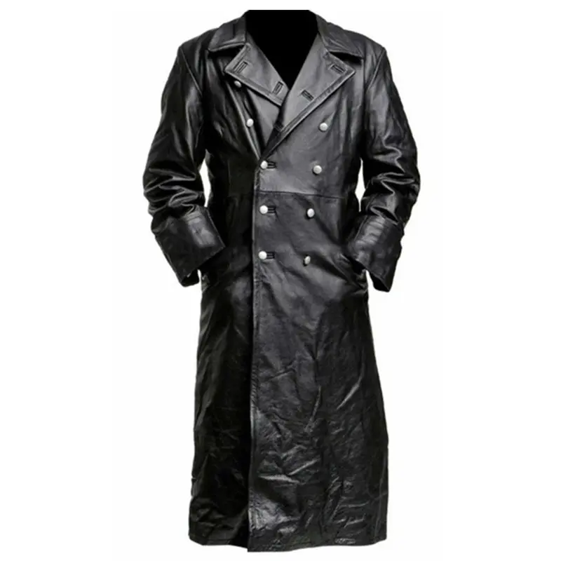 Men's Slim-Fit Plain Long-Sleeve Leather Coat - Classic Trench-Style Menswear Outerwear for Elegant Casual Daily Use