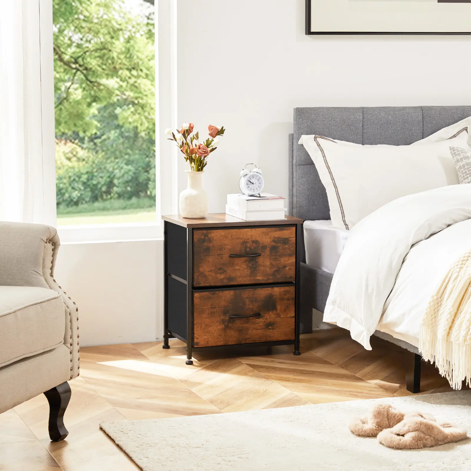 Nightstand with 2 Fabric Drawers, Dresser, Side Table, End Table, Bedside Table, Night Stands, Bedroom Furniture for Living Room, Entryway, Nursery, Closet