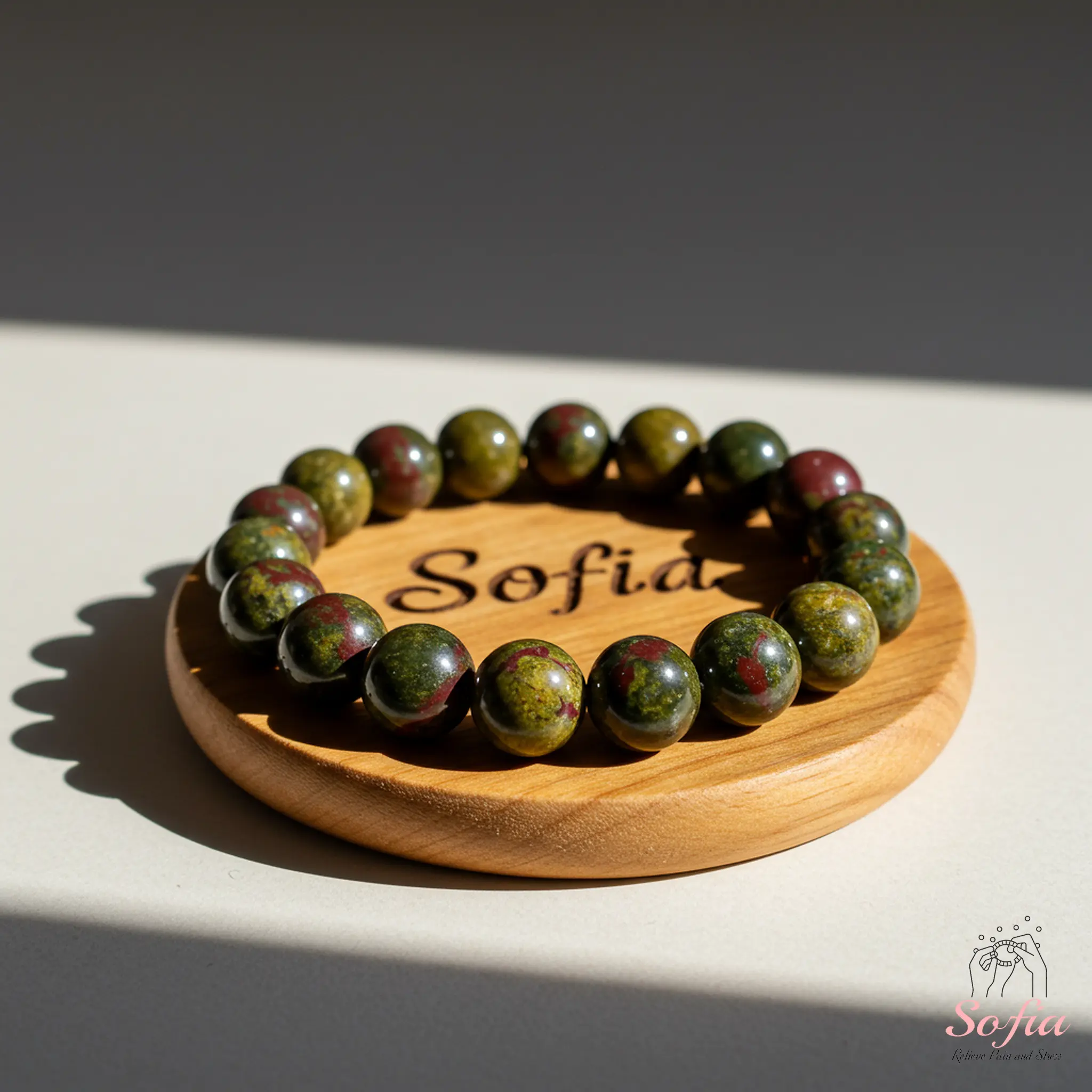 Sofia Natural Dragon Bloodstone Beaded Bracelet 8mm Green Red Gemstone Stretch Boho Style for Daily Use Handmade Elastic Cord, Bead Elastic Bangle, Fashionable Bracelet