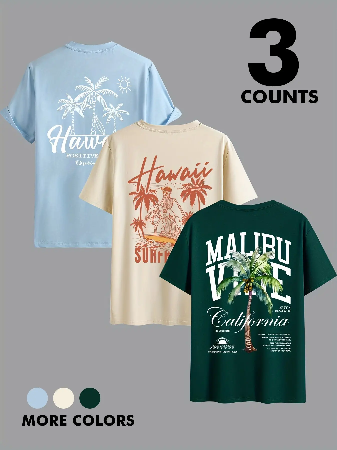 Men's Short Sleeve Loose Breathable T-Shirt, Beach Life Tee, Breathable Summer Top, Tropical Island Coconut Tree Print Neck, Perfect for Outdoor Summer Outings, Outdoor Casual Streetwear, Multifunctional Casual Menswear Three-Piece Set