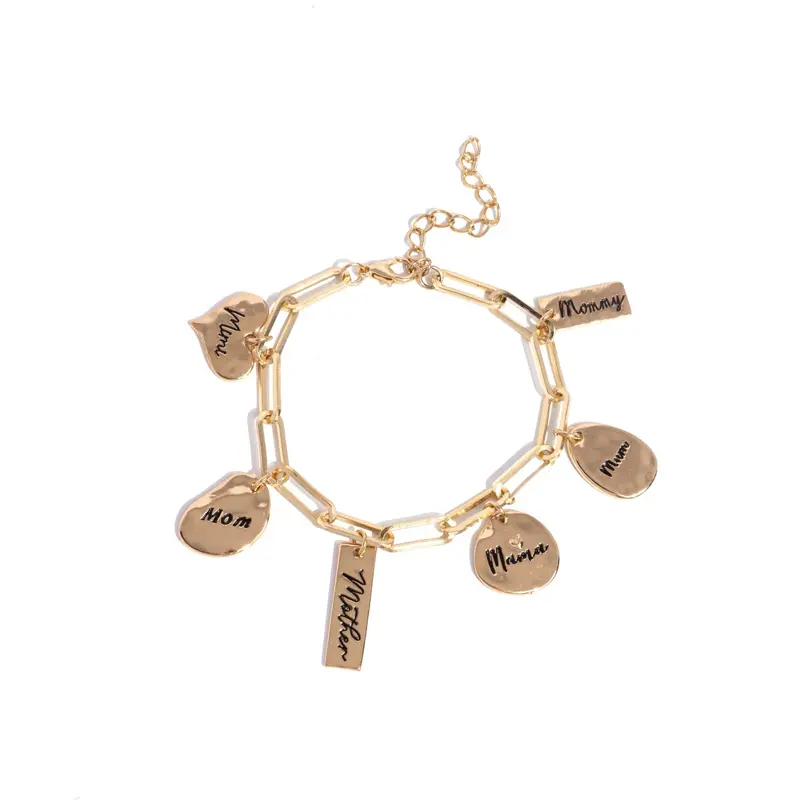Mom Bracelet - Gold Chain Design with Multiple Heart Charms Featuring "Mom" and Other Inscriptions