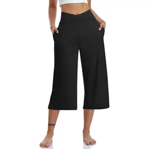 Womens Casual Wide Leg Yoga Capris Crossover High Waist Capri Pants Loose Soft Pajama Pockets SweatpantsGift