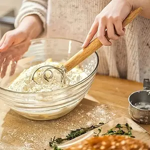 Stainless Steel Dough Whisk, Handheld Dough Whisk with Wooden Handle, Kitchen Baking Tool, Baking Supplies for Mixing Batter, Perfect for Baking and Pastry Creation