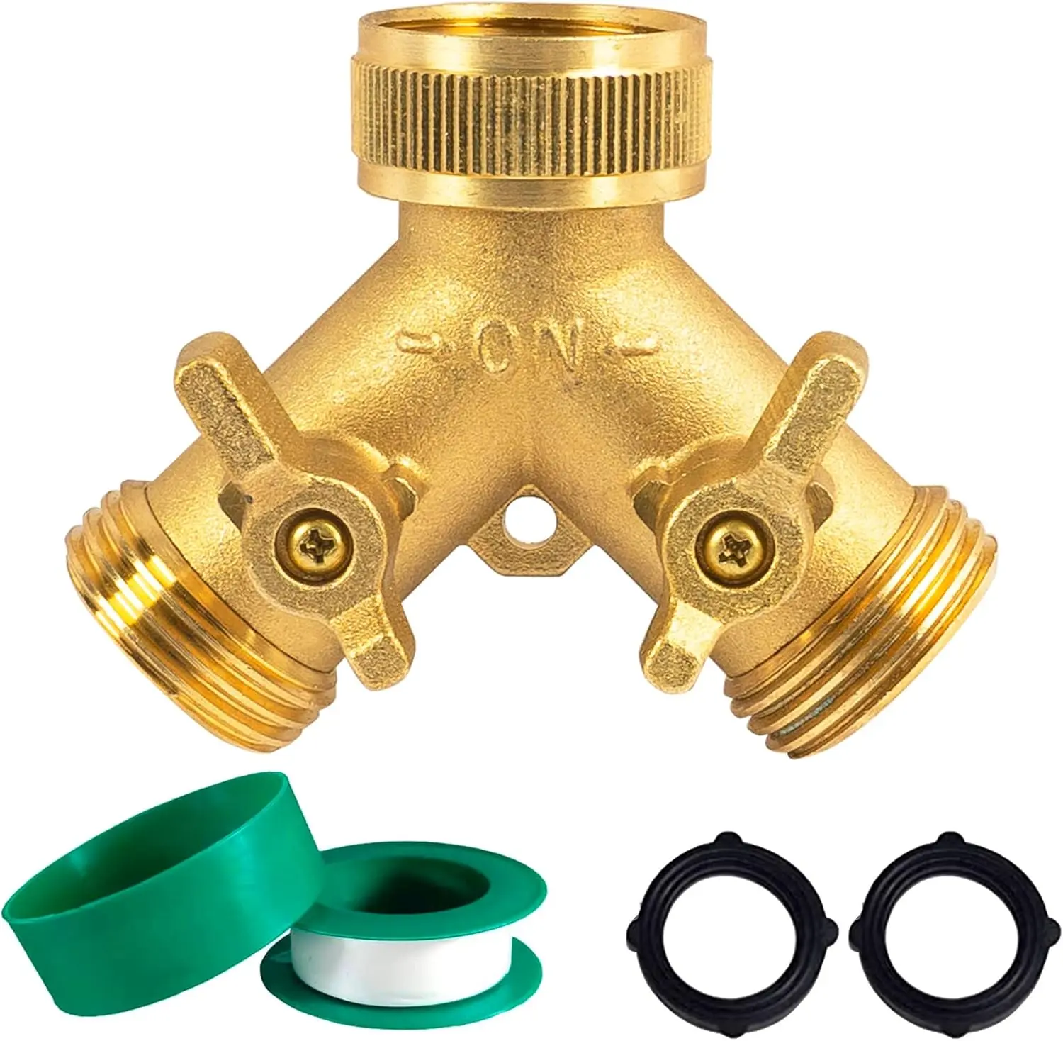 Brass Garden Hose Splitter (2 Way), Solid Brass Hose Y Splitter 2 Valves with 2 Extra Rubber Washers (Brass)