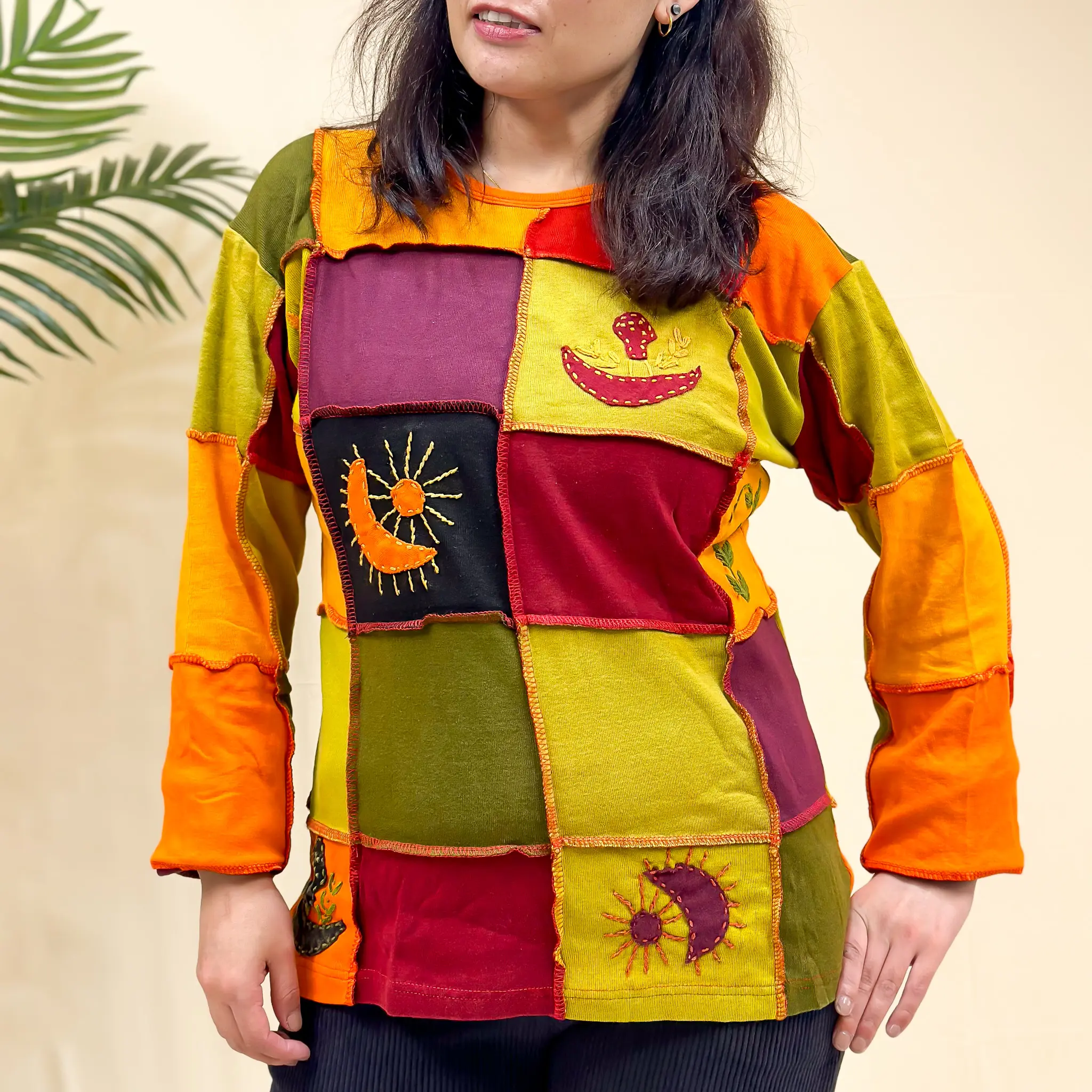 Hand Embroidered Patchwork Full Sleeve Sweater, Bohemian Cotton Patch Pullover, Handmade Fall Winter Unisex  Retro Top, Earth Tone Hippie  Top, Warm Fall/Winter Grunge Style Top