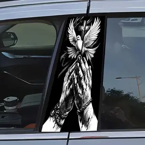 Praying Hands Holy Dove Cross Car B Pillar Sticker, Waterproof Vinyl Decal, Christian Religious Tattoo Graphic, Faith Auto Window Trim Decor, Compatible with Most Cars Trucks SUVs, Personalized Spiritual Vehicle Exterior Accessories (Black & White)