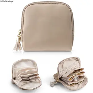 Beige Leather Jewelry Travel Case, Compact Zippered Organizer with Tassel, Soft Lined Pockets, Perfect for Necklaces, Rings, Earrings & Keeping Jewelry Tangle-Free on Trips