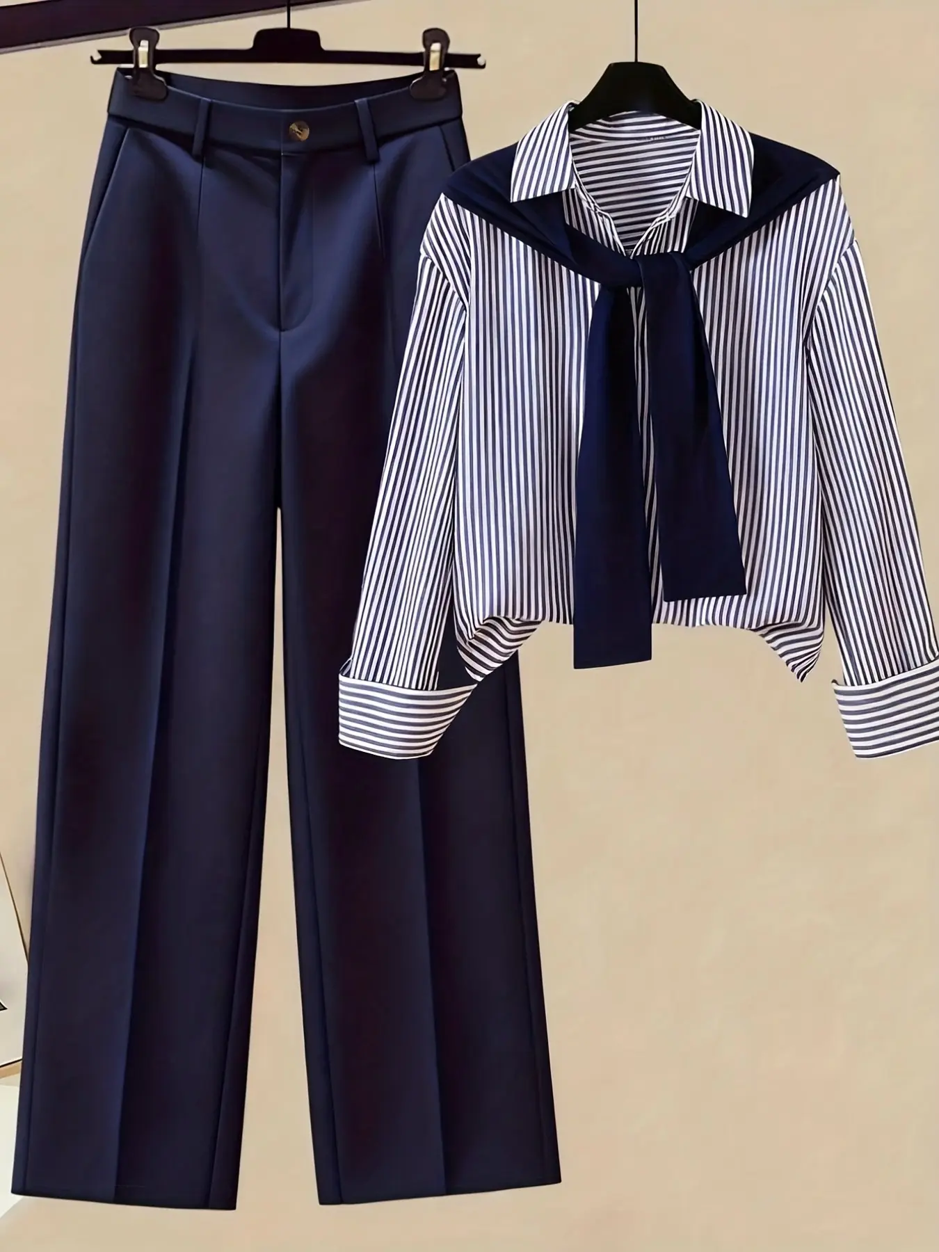 Women's Spring Fall Striped Long Sleeve Collared Shawl Shirt Set, High Waist Flowy Wide Leg Pants Three Piece Set, Casual Office Wear