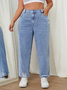 Women's Plus Size Fitted Jeans, Ripped Effect, Button Design, Casual Fashion, Daily Wear, All Seasons Women's Plus Size Denim Jeans