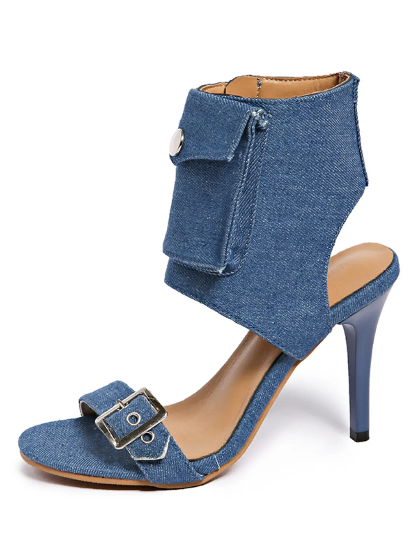 Denim Pocket Stiletto Heel Sandals - Women's Fashion Open Toe Design High Heels with Metal Buckle Stylish Elegant Sandals