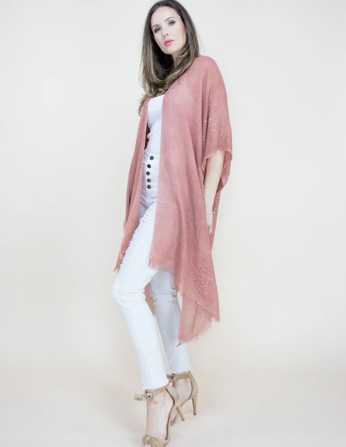 Women's Lightweight Gauze Shimmer Gold Fringe Kimono Wrap - One Size, Chic, Elegant, Loose Kimono Drape, Beach Layer with Sparkle, Layer Over Dresses, Casual Swim Cover Up, Acrylic Weave