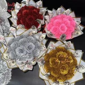 15-Piece Glitter Rose Prop Money Bouquet, Super Money Flower, Artificial Red Rose Bouquet, Glitter Roses Everlasting, Mother's Day Gift, Valentine's Day Gift, Wedding, Holiday Gatherings, and Home Decor, Artificial Flowers