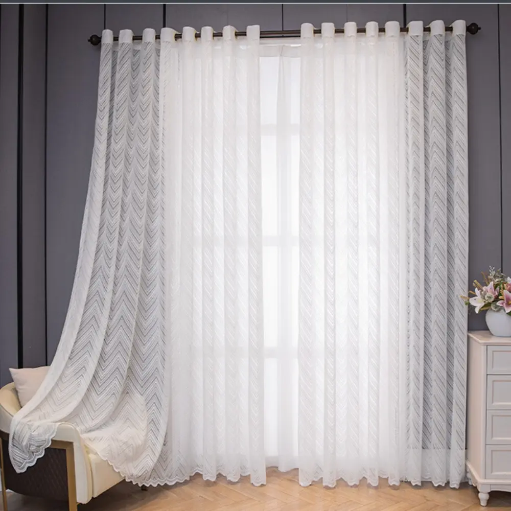 Modern Nordic Woven Stripe Wave Mirror Curtain, Sheer Window Drapes for Living Room Bedroom Balcony Sun Protection, Decoration Items, Interior Decorations