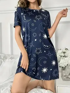 Women's Sleepwear Dress, Round Neck Short Sleeve Nightgown, Star Moon Print, Casual Slim Fit, Knit, Spring Summer Autumn Winter Wear