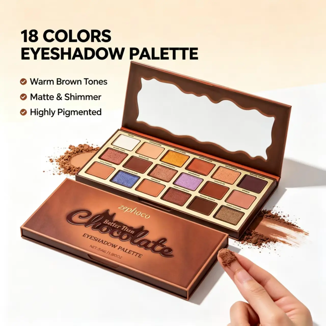 Zephoco All-In-1 Chocolate Eyeshadow Palette - 54g Mineral Oil-Free Cream & Powder Shadow, Earth Tones, Cool Shades, Highlighter, High Pigment, Multi-Textures, Easy-Blend Gradient Set for Daily Makeup