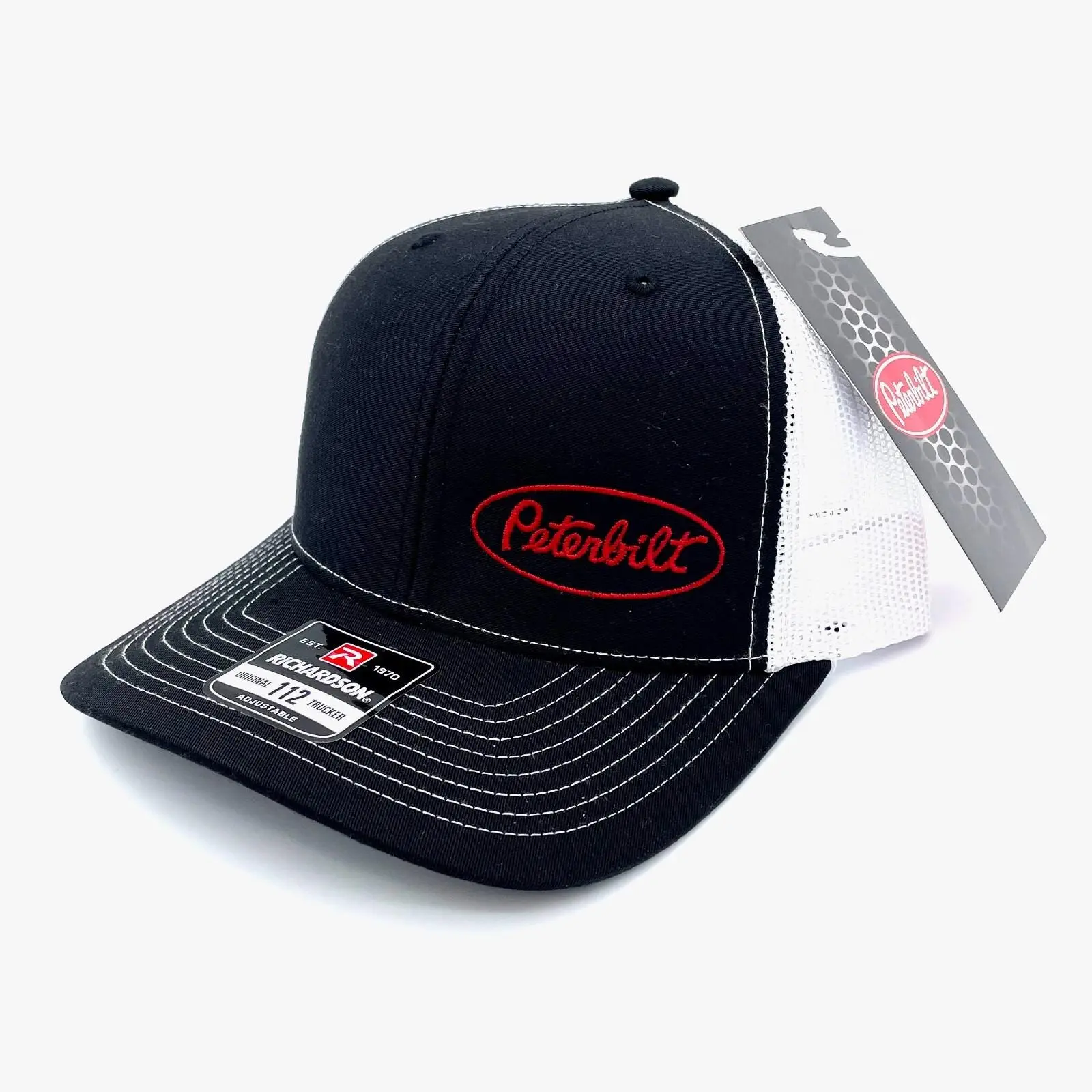 Richardson 112 Peterbilt Trucker Hat, Black & White Snapback Cap, Embroidered Logo Design, Adjustable Mesh Back, Lightweight Breathable Outdoor Hat, Classic Workwear & Streetwear Style, Gift for Truckers, Men & Women