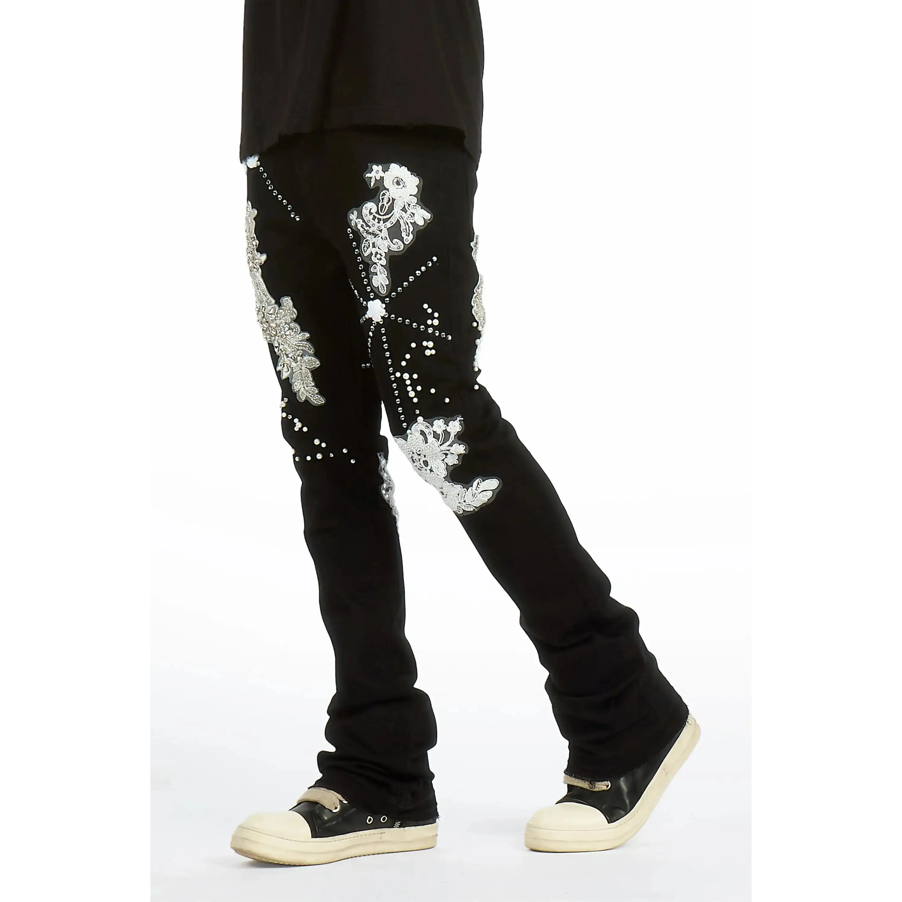Yezen Black Rhinestone Stacked Fit Jean