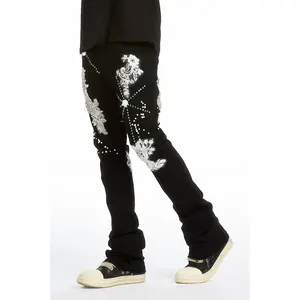 Yezen Black Rhinestone Stacked Fit Jean