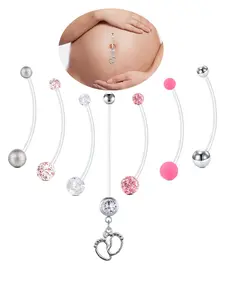 Maternity Belly Button Nails, Transparent Acrylic Plastic Long Belly Rings, Floating Belly Button Ring, Fashion Rhinestone Decor Feet Pendant Belly Piercing Jewelry