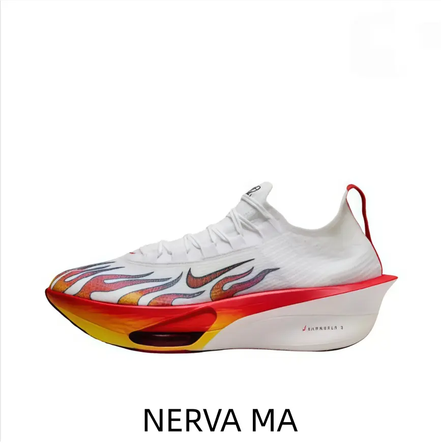 White flame print carbon plate racing athletic shoes with lightweight fly knit upper, red orange gradient midsole air cushion delivers powerful rebound for marathon training