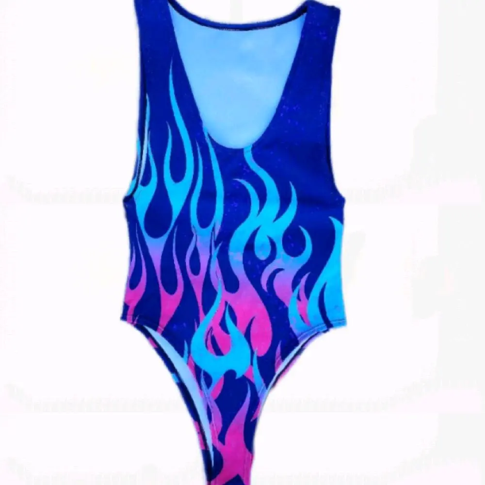 Freedom Ravewear Psychedelic Flame Print Bodysuit - Blue & Pink Flames Design for Stylish Wear