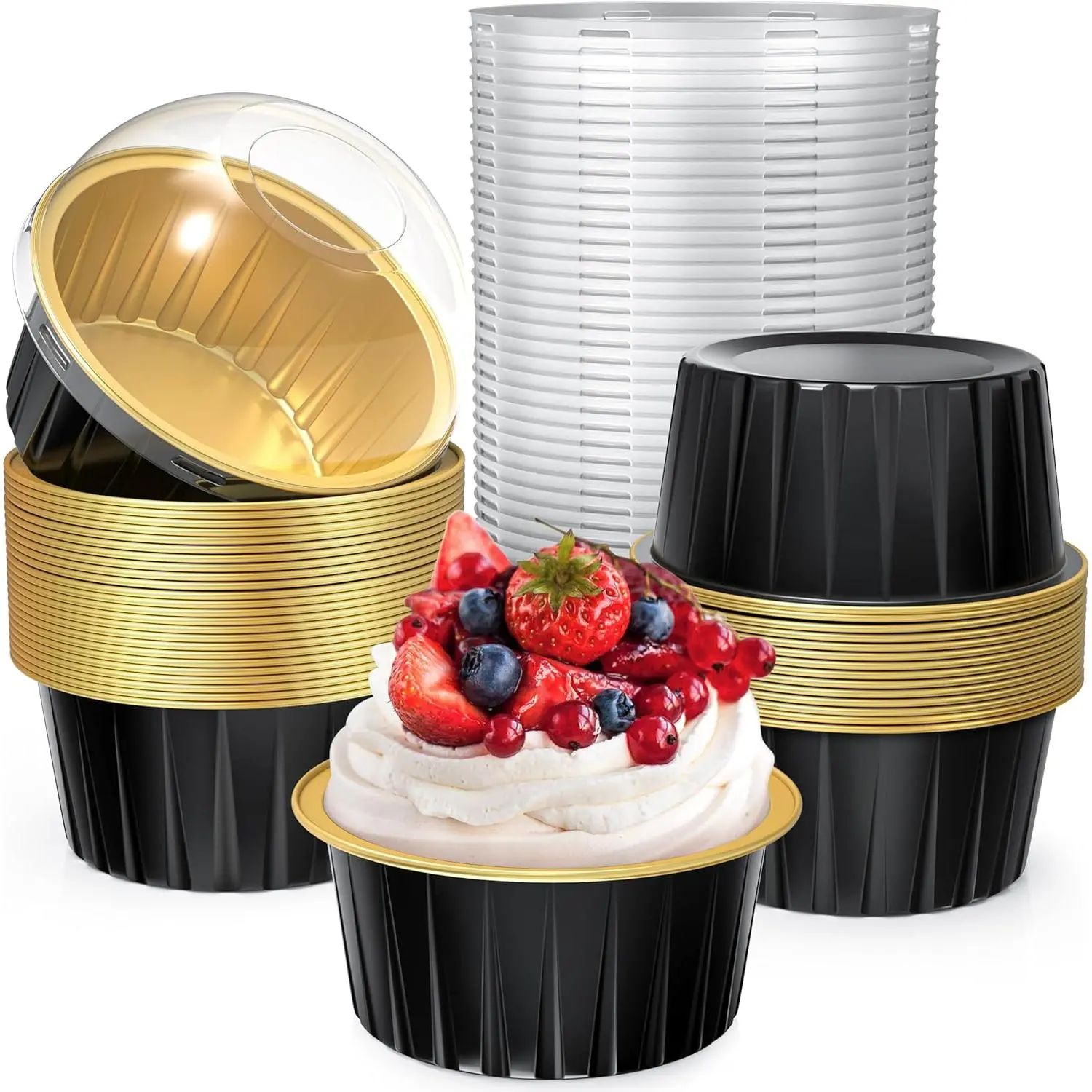 40 Pack 5 OZ Mini Cake Pans with , Disposable  Foil Ramekins Muffin Tin, Round Brownie Pudding Cupcake Baking Cups, Mini Cake Containers Flan Molds for Wedding Birthday Party