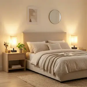 Minimalist Small Bedside Table Lamp - Square Fabric Shade Soft Eye-Caring Warm Light, Small Nightstand Lamp for Bedroom, Bedside Reading, Japandi Aesthetic Home Decor - Perfect Housewarming Gift for New Home