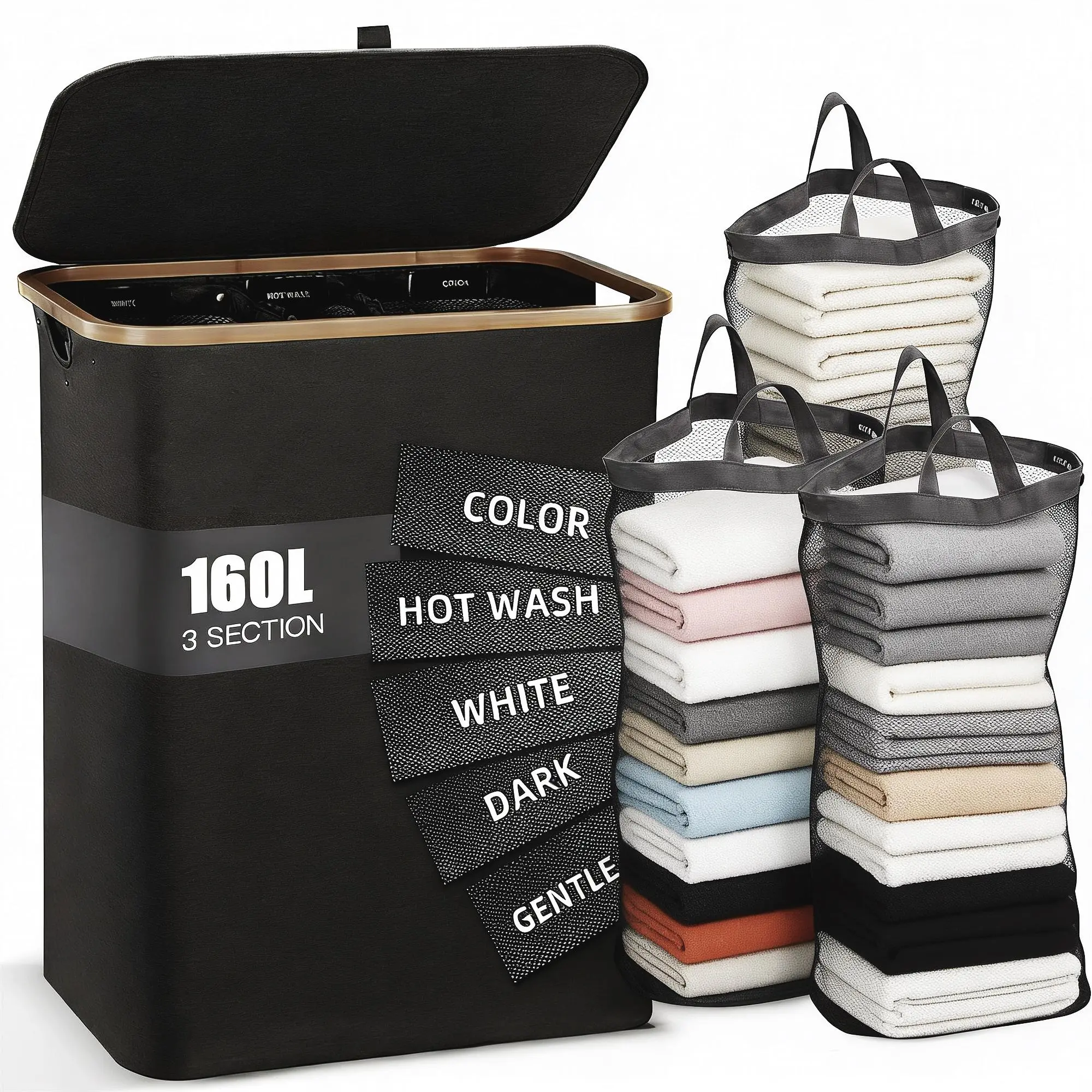 160L High-Capacity 3-Section Laundry Hamper with Lid, Sturdy Carry Handle - Home Laundry Baskets, Clothes Storage Organizer