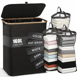 3-Section 160L Laundry Hamper with Lid & Sturdy Handle Easy Carry Organizer for Bedroom Laundry Room 140L capacity Practical for Bedrooms and Laundry Rooms