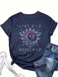 【Plus Size】 Moon & Sun Print Round Neck Tee, Casual Short Sleeve Crew Neck T-shirt for Daily Wear, Women Clothing for All Seasons