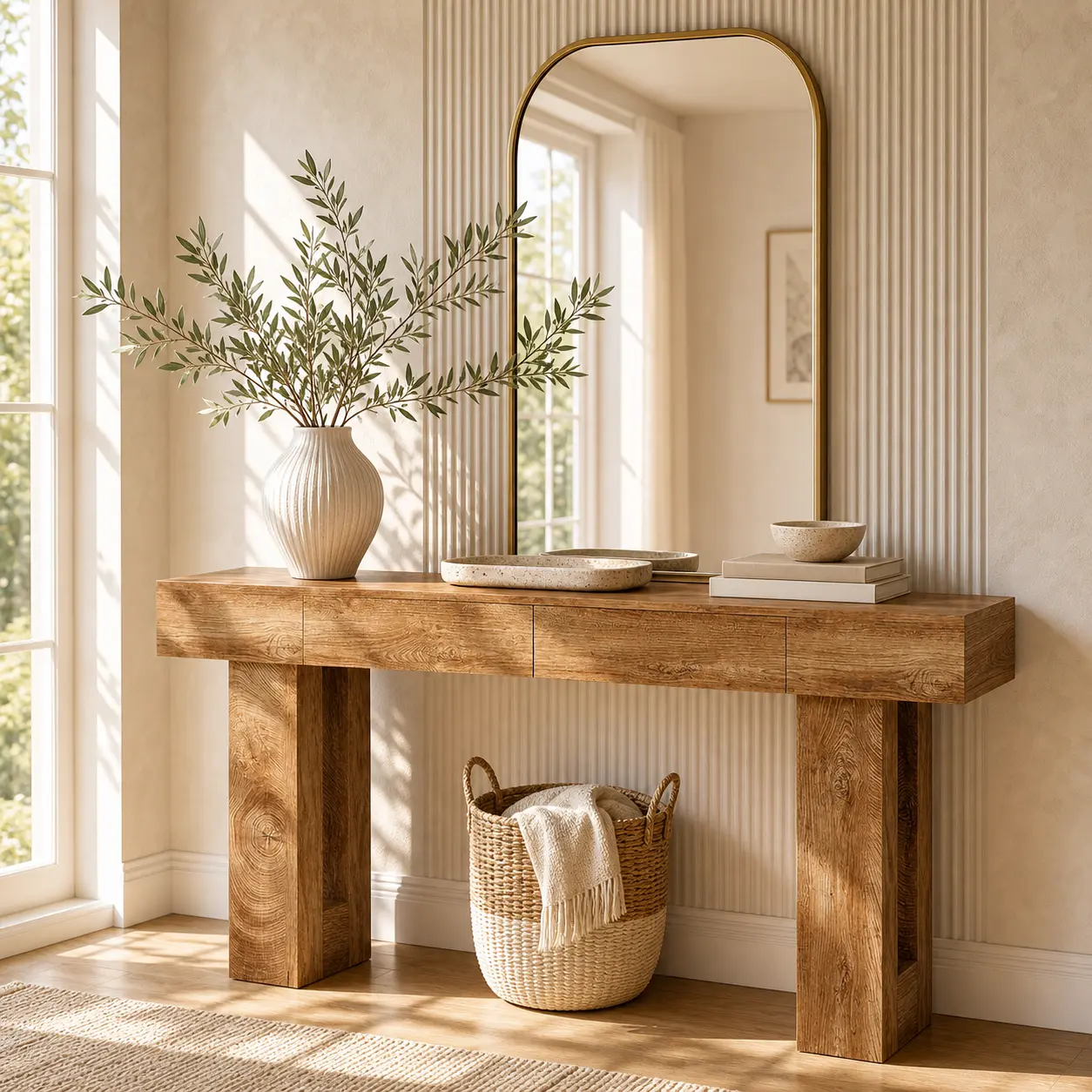 【63" Extra Long】 IRONCK Console Table with 2 Drawers, Artisan-Inspired Acacia Wood Top Entryway Table, Modern Sofa Table for Hallway, Living Room & Behind Couch