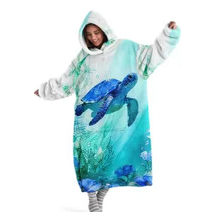 Hoodie blanket, wearable blanket, turtle print hooded wearable blanket, digital printed flannel blanket, soft and warm multifunctional blanket suitable for sofa cover, air conditioning blanket, nap blanket, office bed, camping trip, Throw Blanket