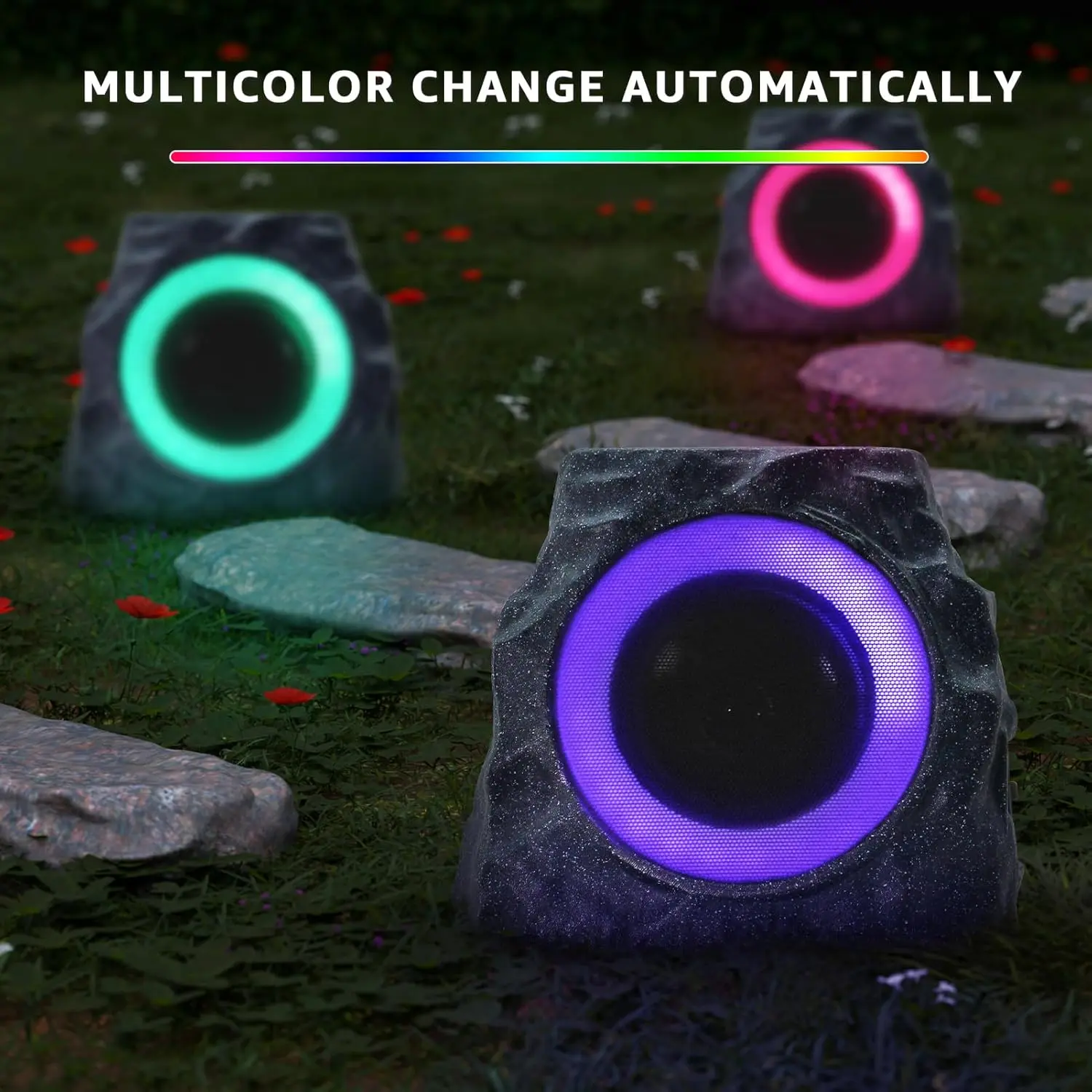 uuffoo 2-Pack Solar-Powered Rock Portable Waterproof Outdoor Speakers, IP44 Rechargeable Party Speaker with RGB Function Lights & USB Charging for Patio, Pool Party Audio Colorful