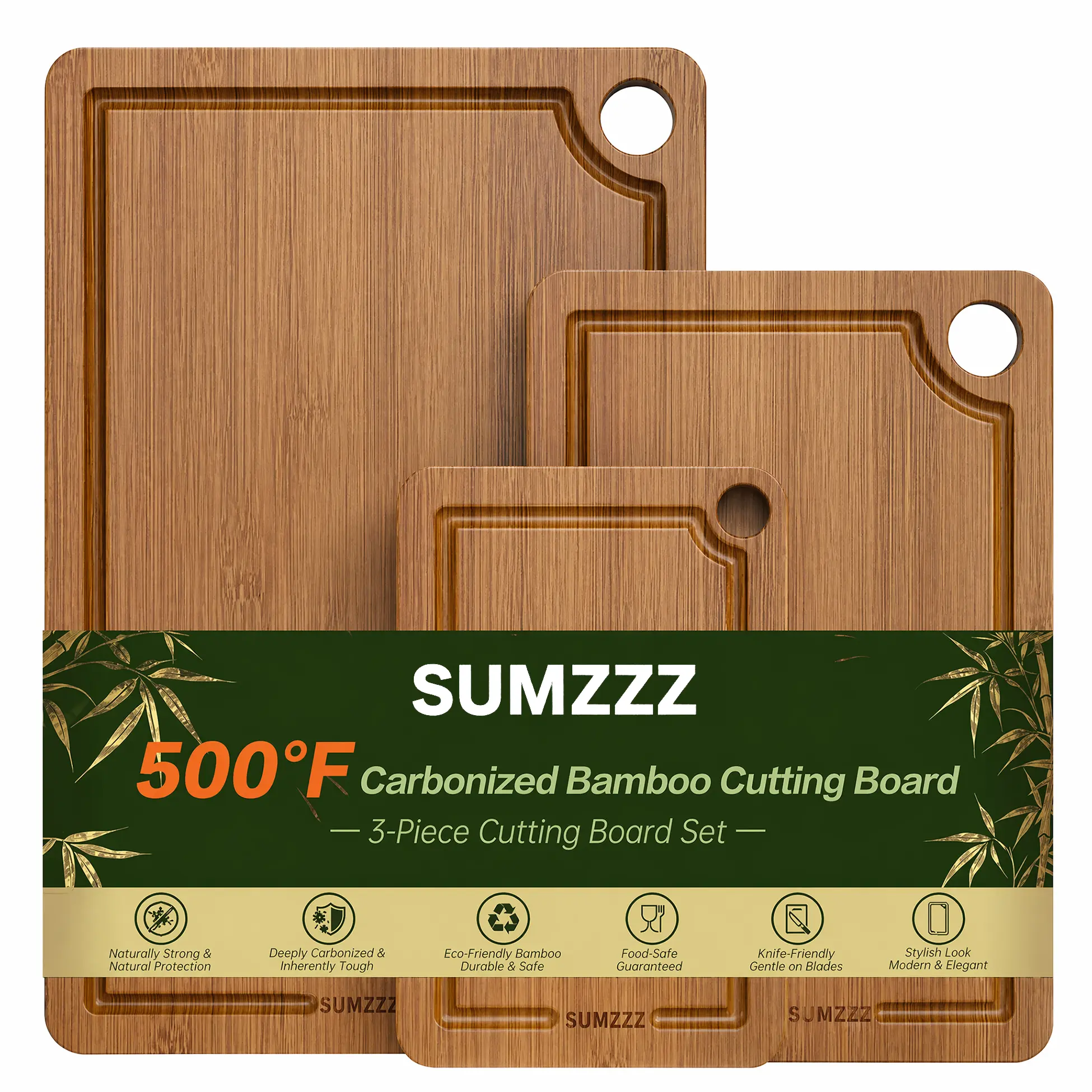 SUMZZZ Bamboo Cutting Board Set - 3-Piece Food-GradeWooden Boards with Juice Grooves, Side Handles, Non-SlipMats, Perfect for Meat, Veggies, Cheese, Fruit