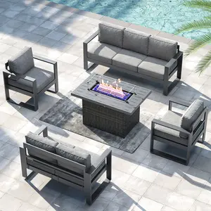 【3/4 Packages Shipping】LayinSun Aluminum Outdoor Patio Furniture Set, Metal Modern Conversation Sofa Set with Fire Pit Table and Washable Thick Cushions for Porch, Backyard, Deck