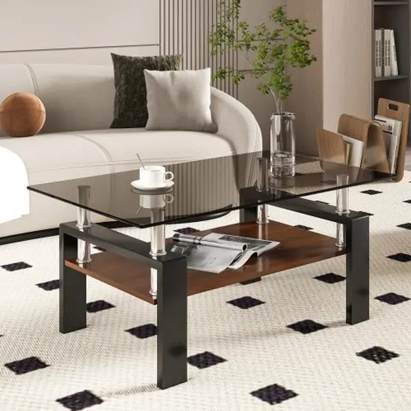 [Bellawave] rectangle coffee table, tempered glass tabletop with MDF layer, modern table for living room, transparent glass