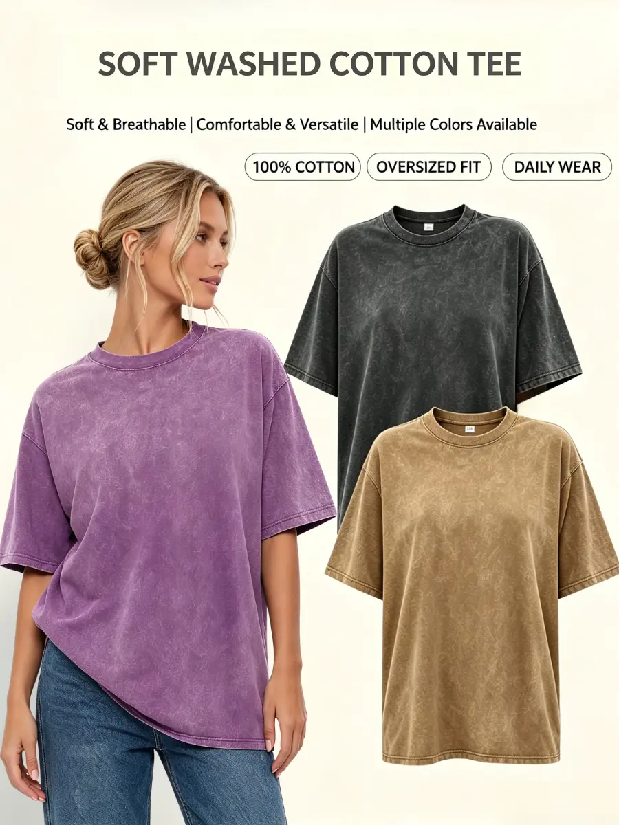 Women's 3-Pack Unisex Oversized Comfy Solid Cotton T-Shirts - All Seasons Casual Streetwear Garment, Retro Acid Wash/Graphic Prints, Plus Size, Round Neck, Gentle Cycle, Foldable, Athletic, Office/Layer Use, Girls' Fit
