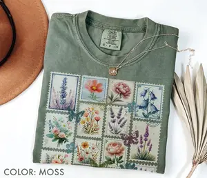 Comfort Colors Wild Flowers Stamp TShirt, Vintage Floral Postage Stamps TShirt, Lavender T-Shirt, Botanical T-Shirt, Floral Cottagecore Tee