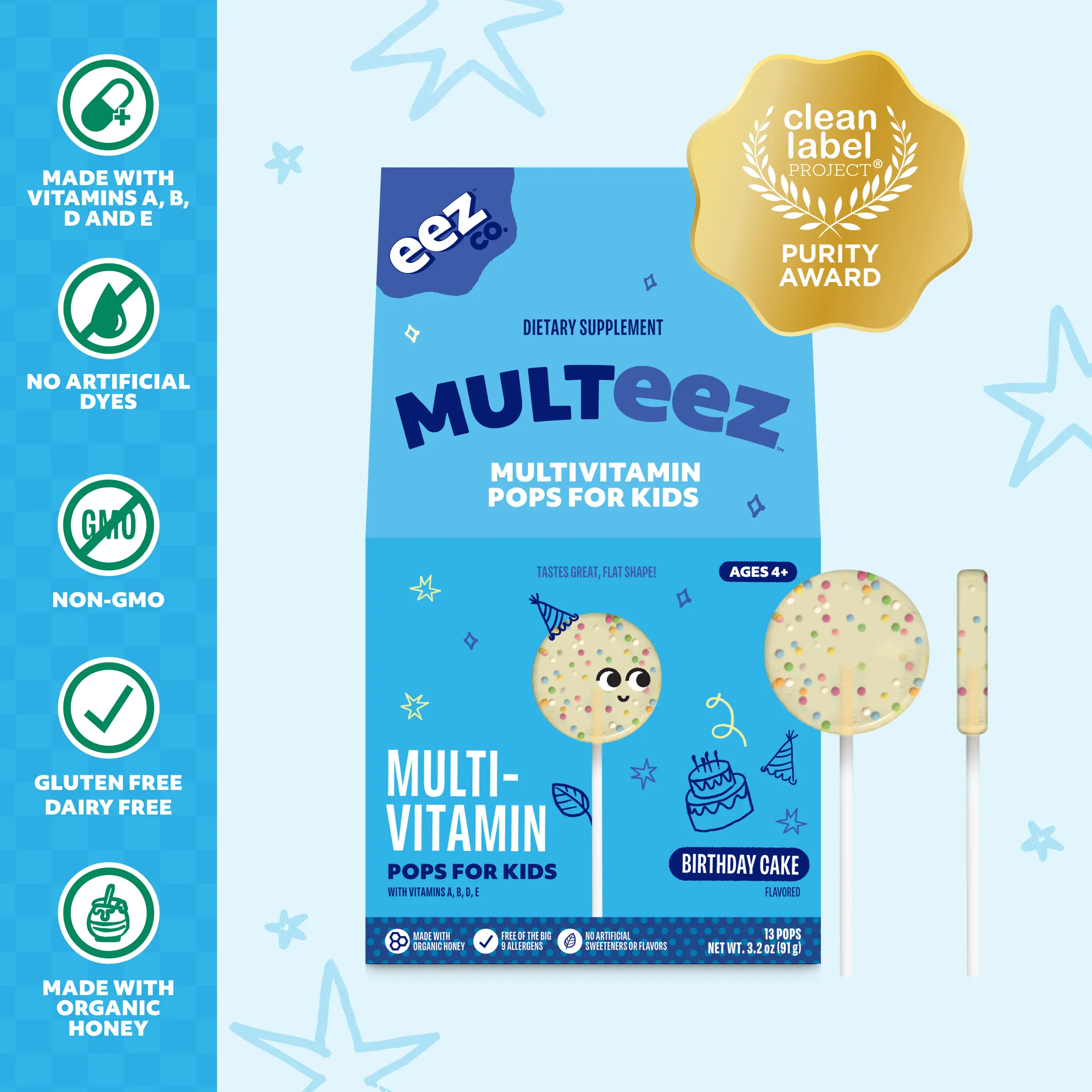 Multeez by EEZ Co. Multivitamin Pops for Kids, Birthday Cake