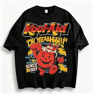 Trending Kool-Aid Man "Oh Yeeaahh!!" Since 1927 Retro Mascot Graphic T-Shirt, Vintage Washed 90s Nostalgia Aesthetic Oversized Streetwear Tee, Casual Black Top