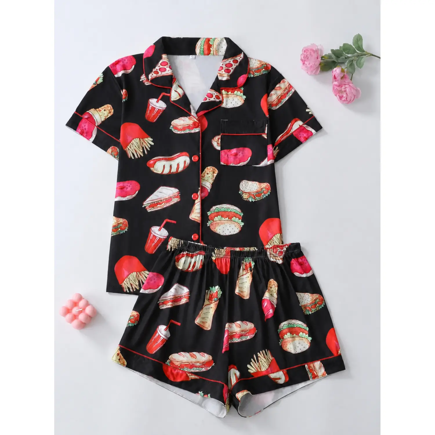 Elegant Two-Piece Women's Silk Pajamas Set - Loose-Fitting Short Sleeve Top & Shorts, Comfortable All-Season Sleepwear Loungewear