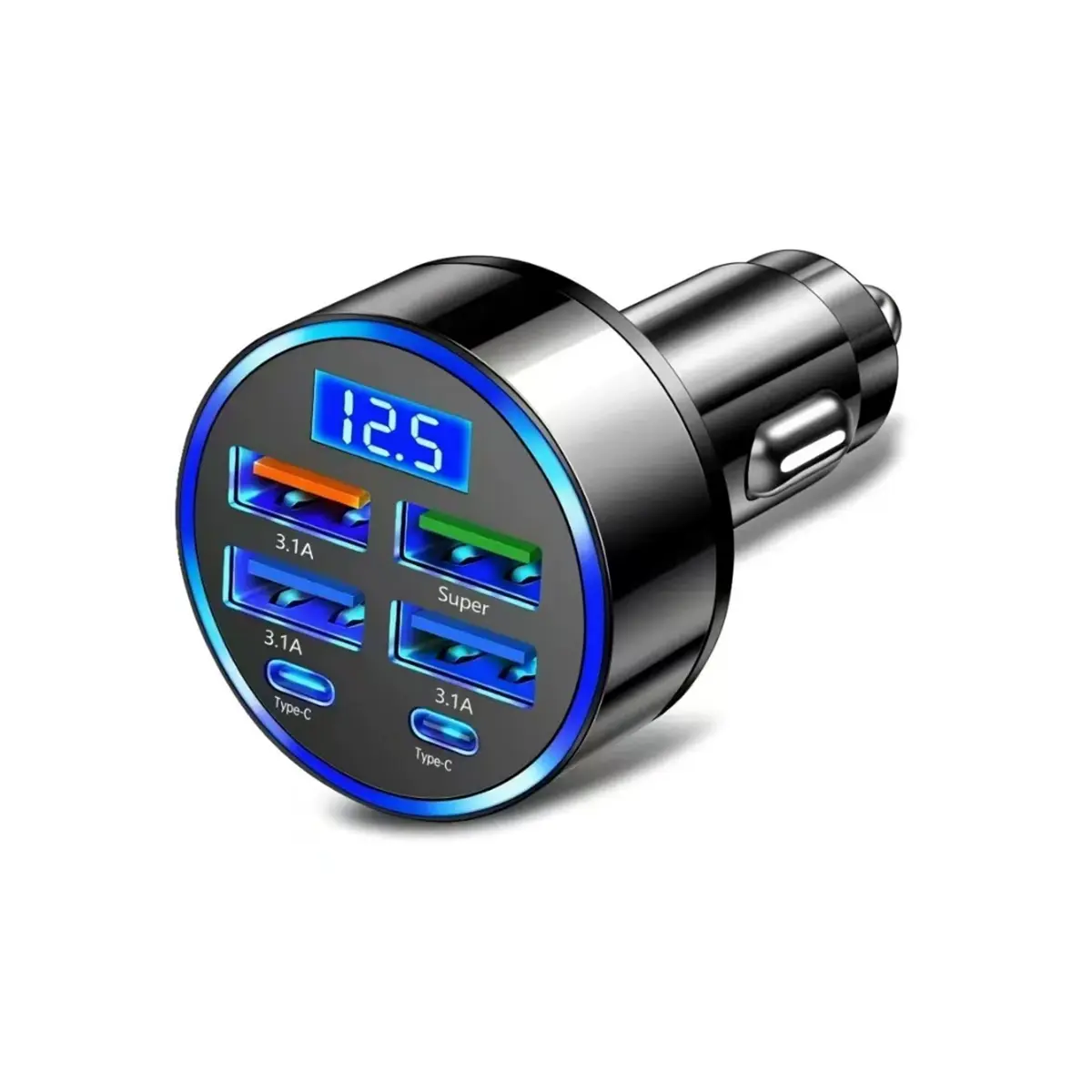 Car Charger with Digital Display & Atmosphere Light - QC3.0 Fast Charging Adapter for 6 Devices - 100W Max Power - USB-C Multiport Car Charger for Huawei, OPPO, Oneplus, iPhone, Samsung, Vivo, Google
