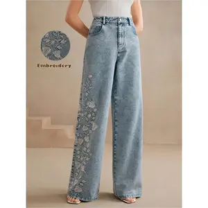 Women's embroidered, personalized, washable fitted straight-leg denim, elastic, comfortable and versatile denim trousers