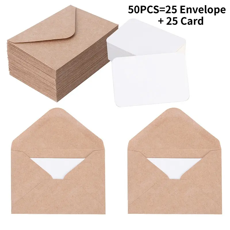 50 Pieces (25 Envelopes + 25 Cards) Vintage Mini European Style Kraft Paper Envelope Set Card With Envelope Handwritten Blank White Cards & Postcard Envelopes Envelope Postcards Stationery Office Supplies