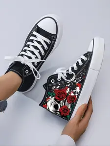 Women's Fashionable Rose & Skull Print Lace Up High Top Sneakers, Casual Comfortable Breathable Sports Shoes, Female All-match Round Toe Shoes for Daily Wear