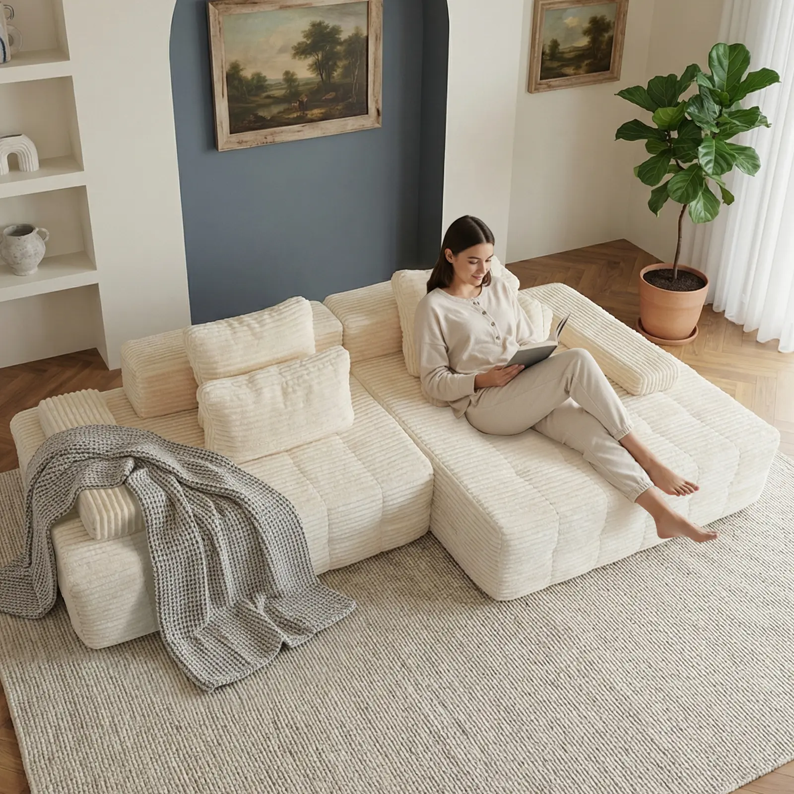 【Father's Day】114" Minimalist Modular Cloud Sofa Sectional - L-Shaped Modern Cloud Couch, Striped Soft Corduroy Fabric, Fluffy Memory Foam Filling, Adjustable Arms, 400 lbs Capacity, No Assembly Required, Pet-Friendly, Living Room Sofas, DealsForYouDays c