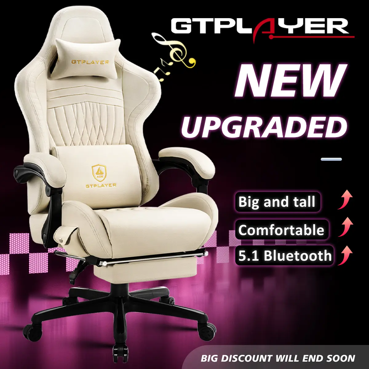 GTPLAYER High-Back Ergonomic Gaming Recliner Chair - Leather & Metal, 150° Recline, Curved Back, Linkage Arms, Footrest, Bluetooth Audio, Springtok Surround Sound, Office Chair, Man Cave Furniture