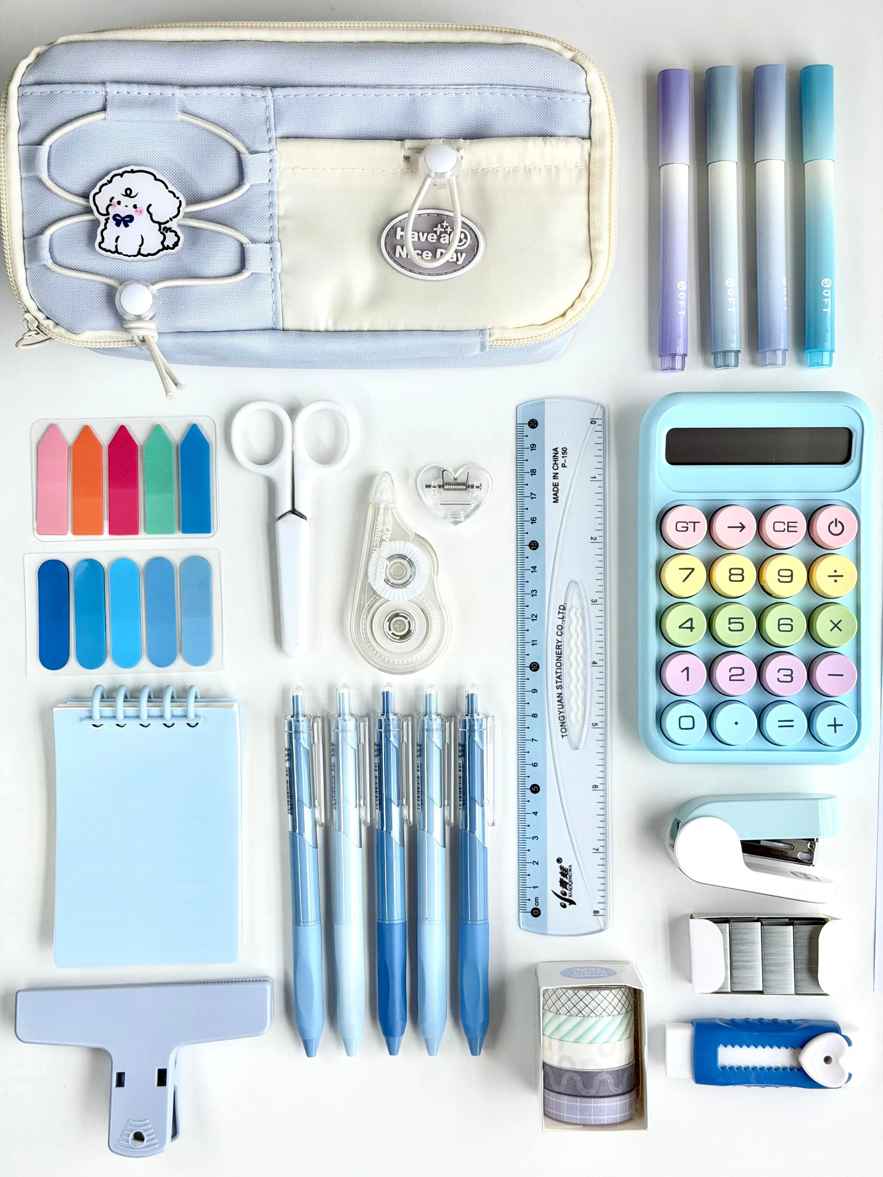 Blue Stationery Set with Pencil Case, Calculator, Pens & School Supplies